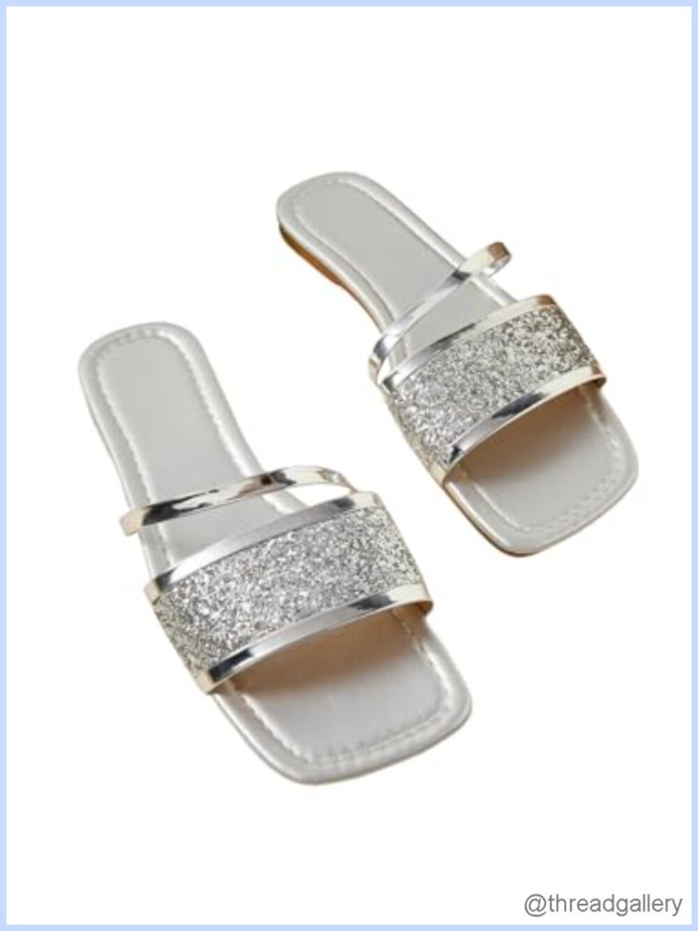Sparkly Flat Sandals Square Open Toe Metallic Slip On Dressy